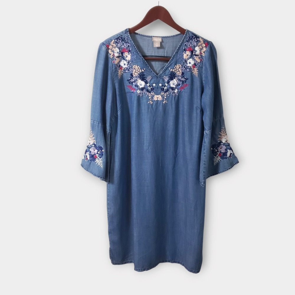 Chicos Tencel Embroidered Denim Shift Dress Blue Size 1.5 US 10 Bell Sleeve